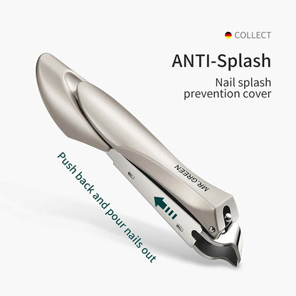 Corta-unhas MR.GREEN anti-splash com capa de retenção design inclinado; empurre para liberar os recortes com precisão