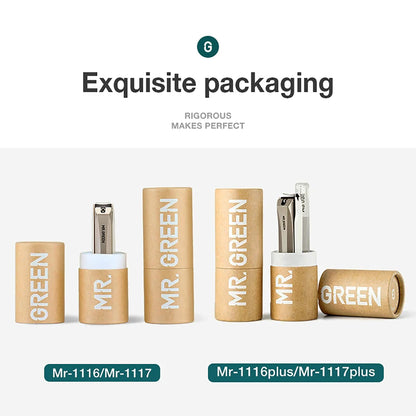 Emballage MR.GREEN soigné coupe-ongles anti-éclaboussures présenté en tube cadeau prêt à offrir qualité Solingen Allemagne
