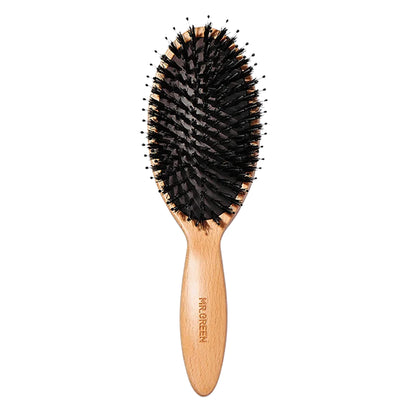 MR.GREEN boar bristle oval brush with beech wood handle—anti-static detangler that smooths, adds shine and gently massages the scalp.