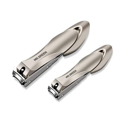 MR.GREEN anti-splash nail clippers two-pack—MR-1111 medium and MR-1112 large—stainless curved blades with catcher for hygienic grooming.