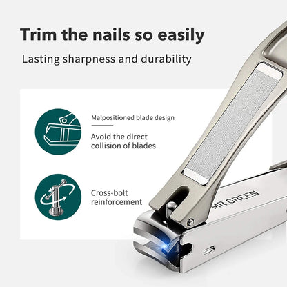 Close-up of MR.GREEN nail clipper showing offset blade geometry and cross-bolt reinforcement for smooth cuts and long-lasting sharpness.