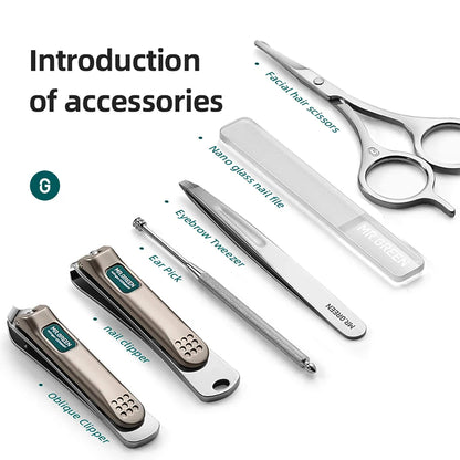 Accessoires MR.GREEN : ciseaux visage, lime nano-verre, pince à épiler, cure-oreille, coupe-ongles droit et oblique en acier inox.