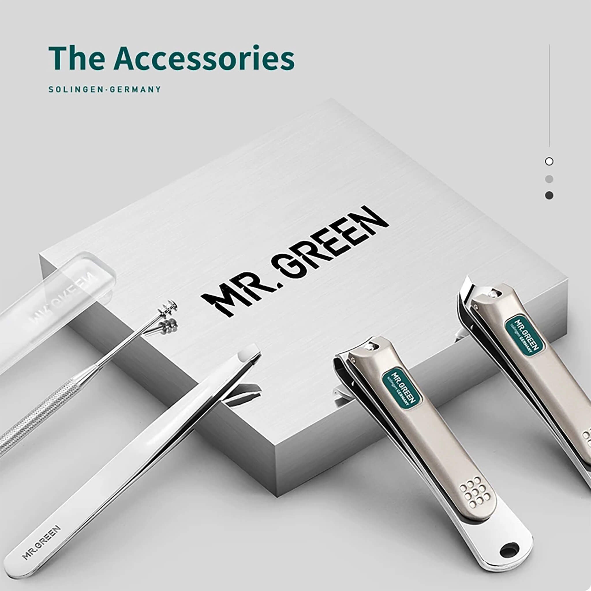 Acessórios MR.GREEN em aço inox: dois corta-unhas, pinça, empurrador/limpador e lixa de vidro com capa