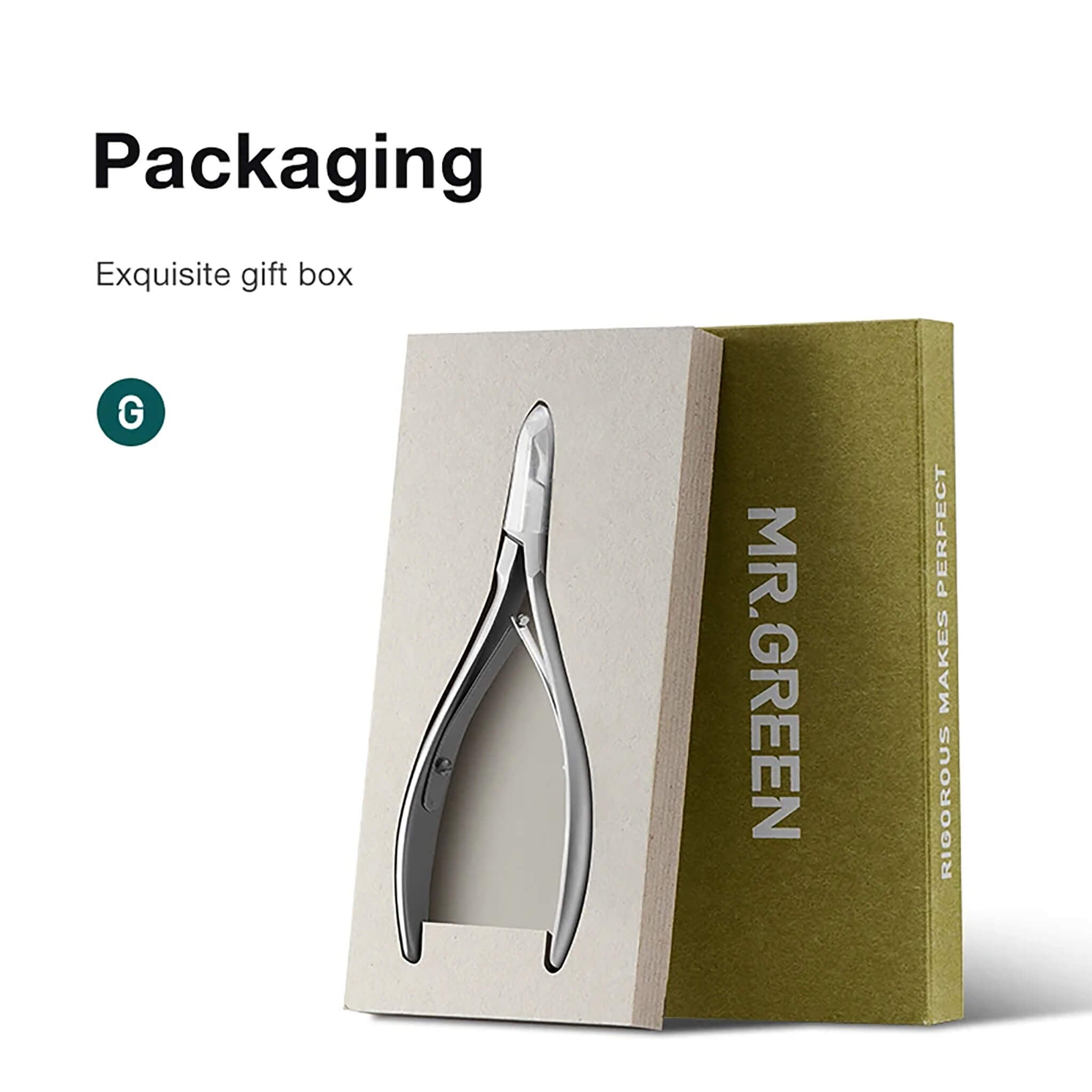 Confezione MR.GREEN: tronchese per cuticole in acciaio inox in cofanetto rigido con logo; packaging premium pronto regalo.