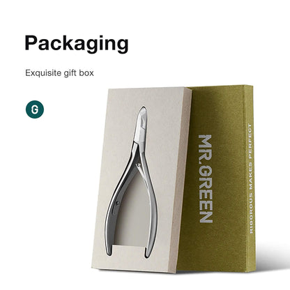 Confezione MR.GREEN: tronchese per cuticole in acciaio inox in cofanetto rigido con logo; packaging premium pronto regalo.
