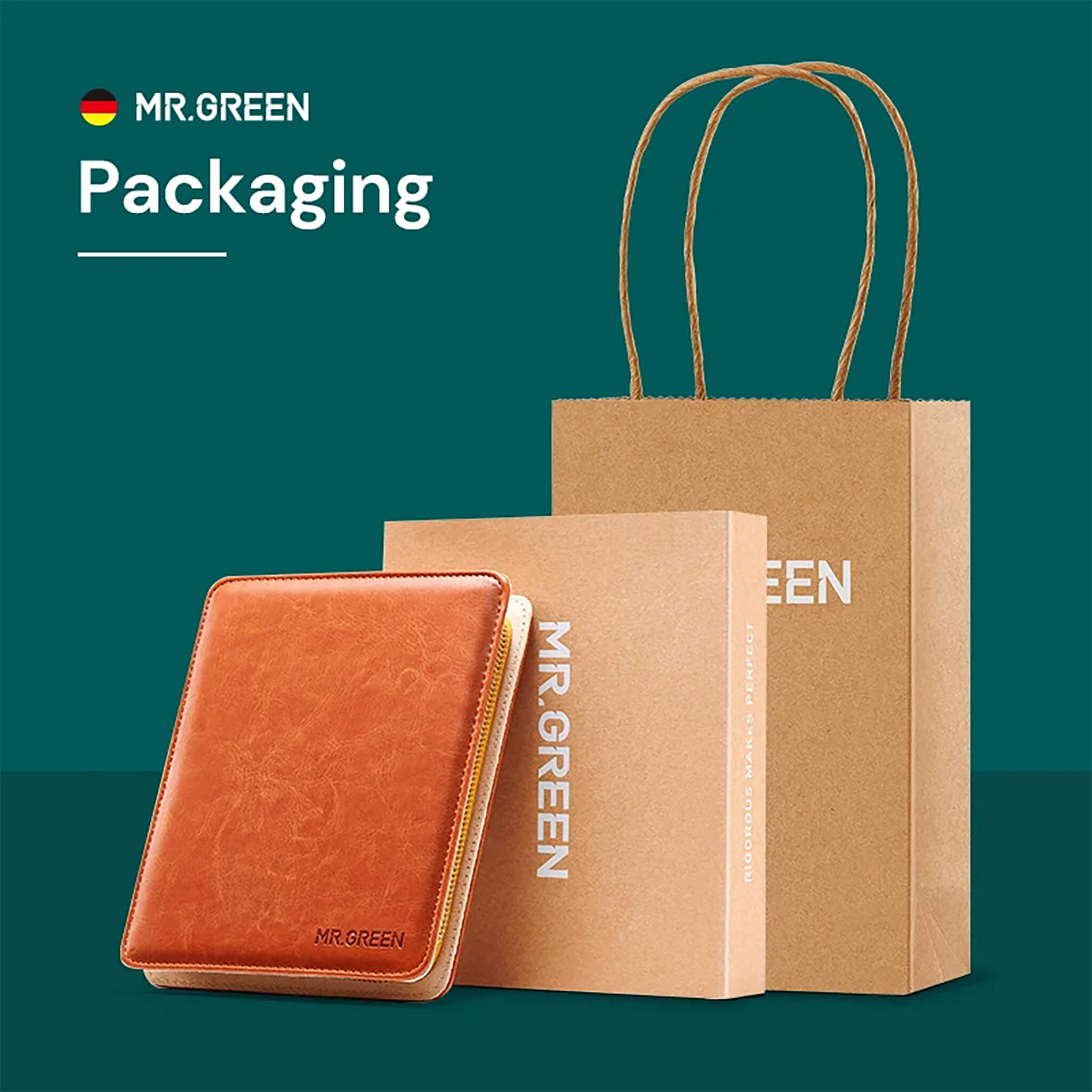 Confezione regalo MR.GREEN per set manicure 12-in-1 — custodia in pelle, scatola rigida e shopper in carta su sfondo verde.