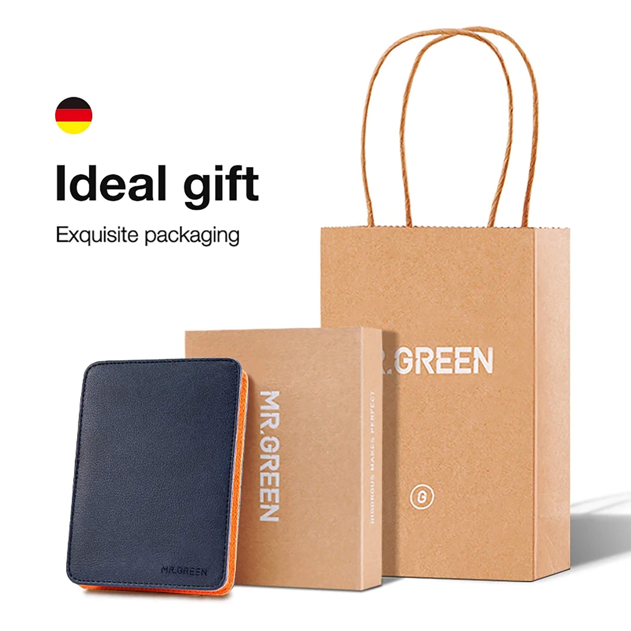 Confezione regalo MR.GREEN per set manicure 9-in-1: custodia blu navy, scatola rigida e shopper in carta kraft, pronta da regalare.