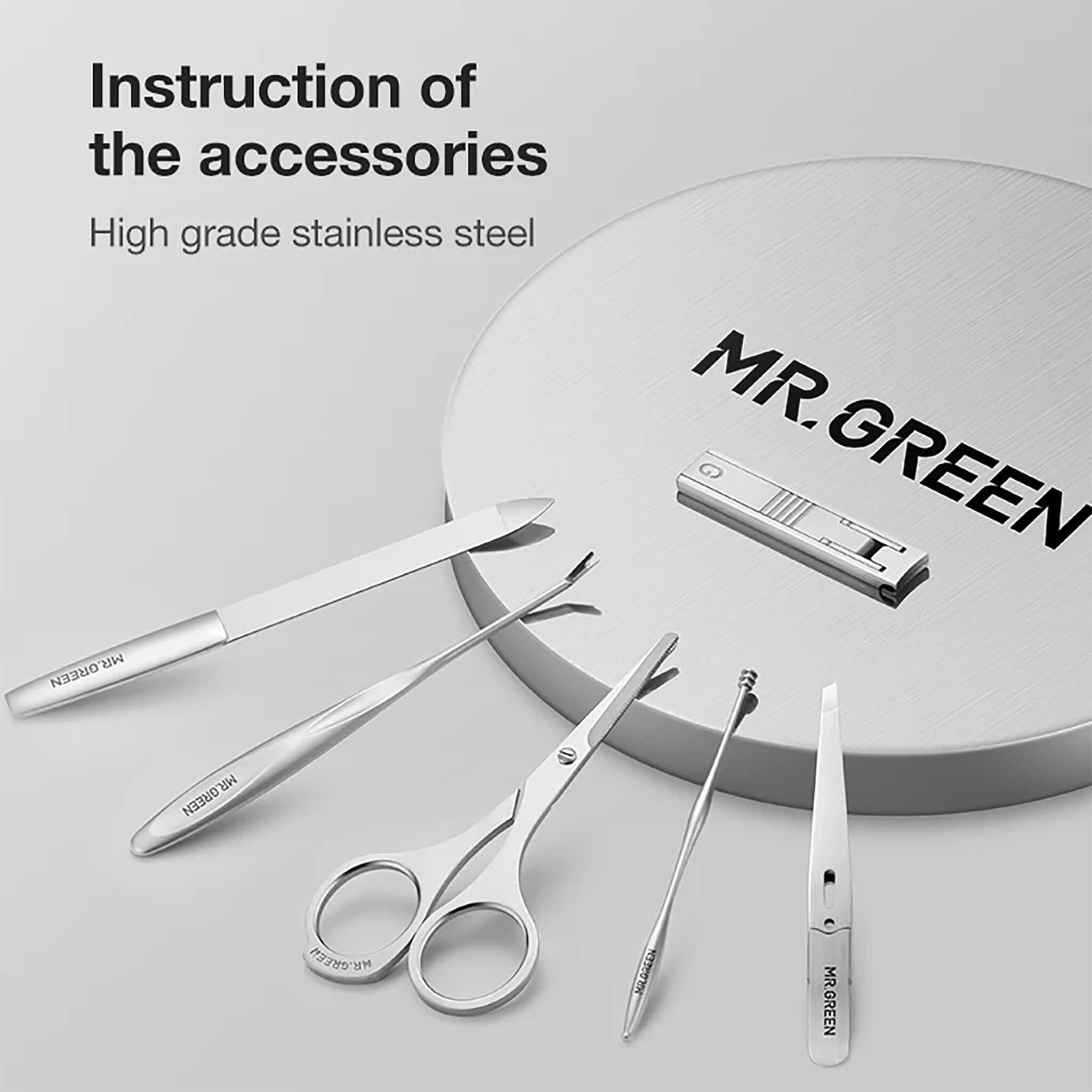 Conjunto de manicure MR.GREEN em aço inoxidável premium — lima, pinça, tesoura e corta-unhas; detalhe dos acessórios sobre base metálica.