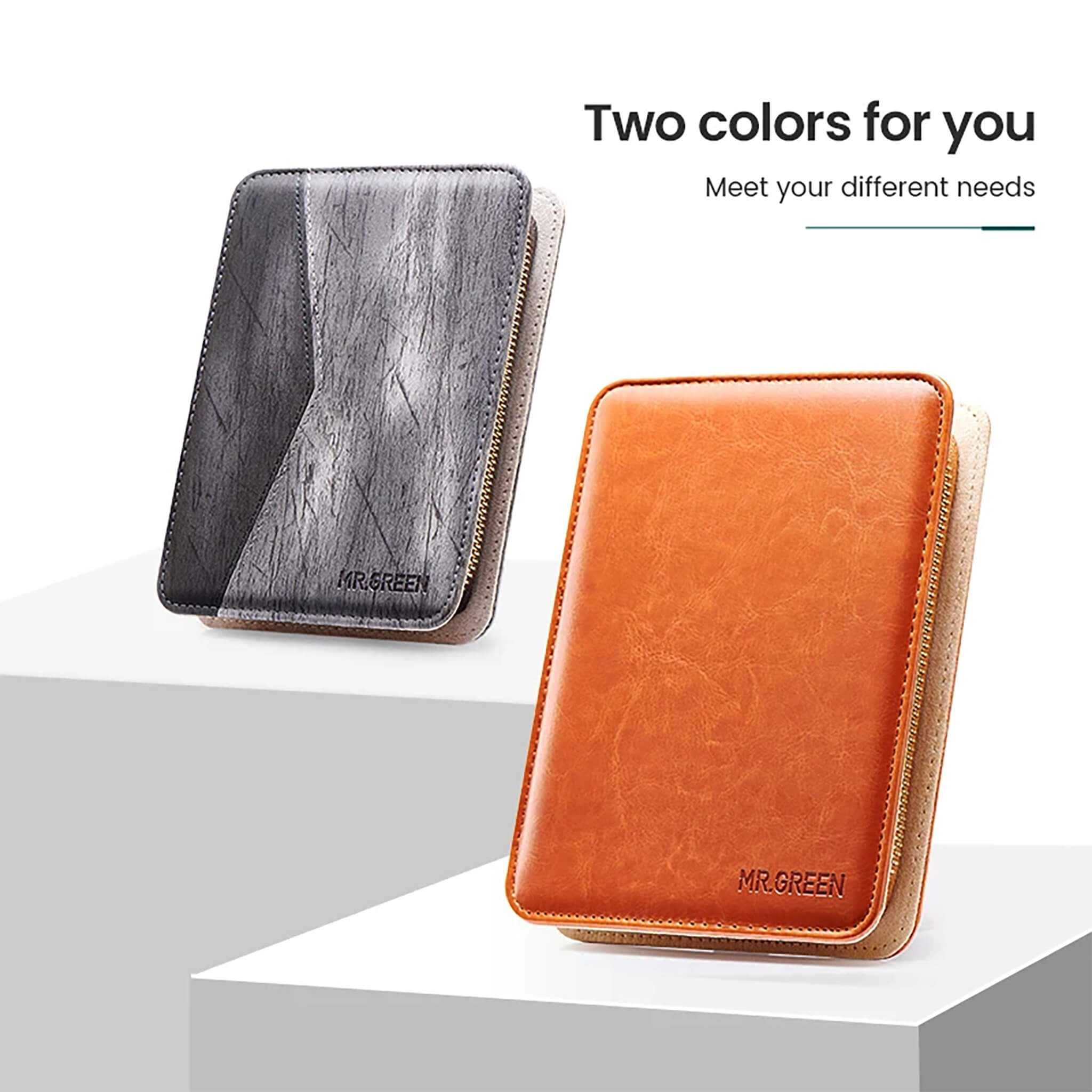 Set de manicura MR.GREEN 7 en 1 con estuches de cuero gris y marrón, cierre de cremallera, formato compacto para viaje y regalo premium.