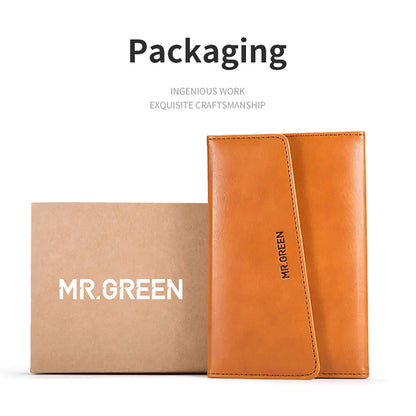 Emballage MR.GREEN : coffret pédicure en cuir avec outils en acier inox chirurgical, protection hygiénique et élégante.