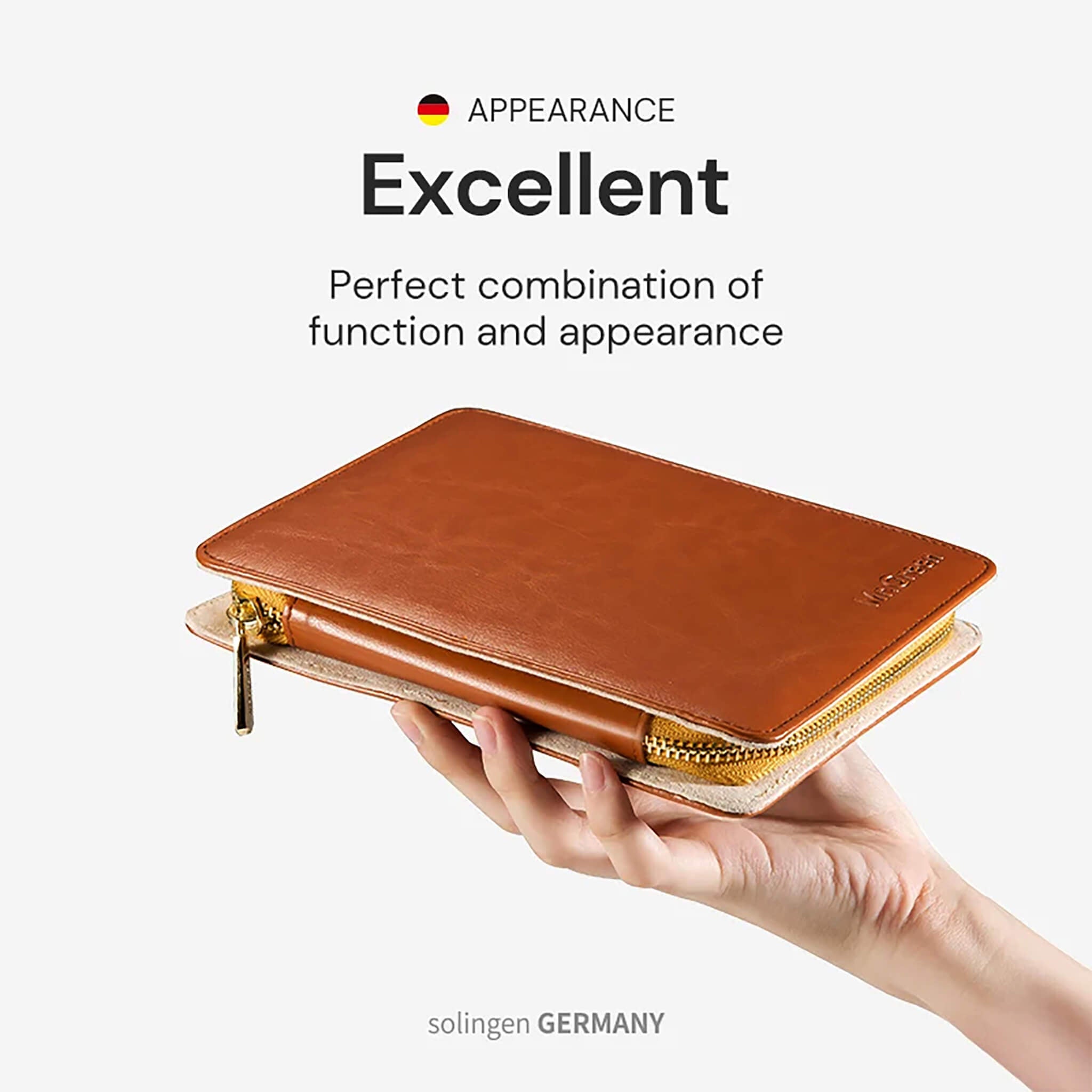 Estuche de cuero MR.GREEN para set de manicura 12-en-1, diseño delgado con cremallera dorada, portátil y listo para regalo.