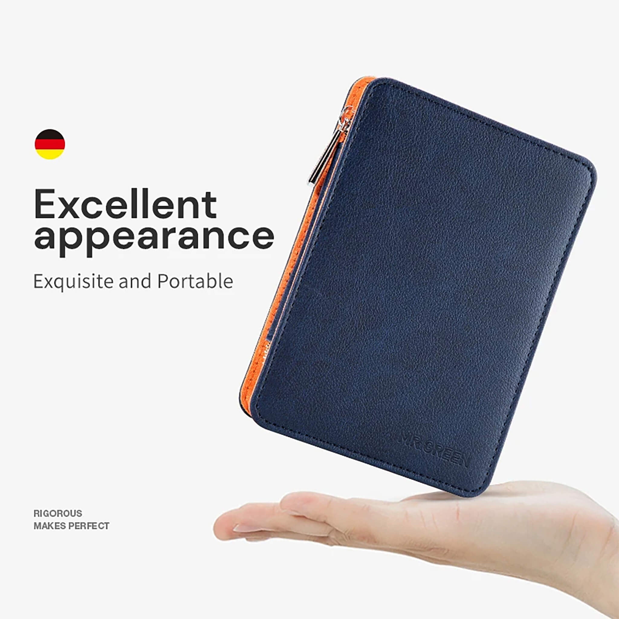 Étui bleu marine MR.GREEN pour coffret manucure 9-en-1, zip orange, format compact et portable tenu au-dessus d’une main.
