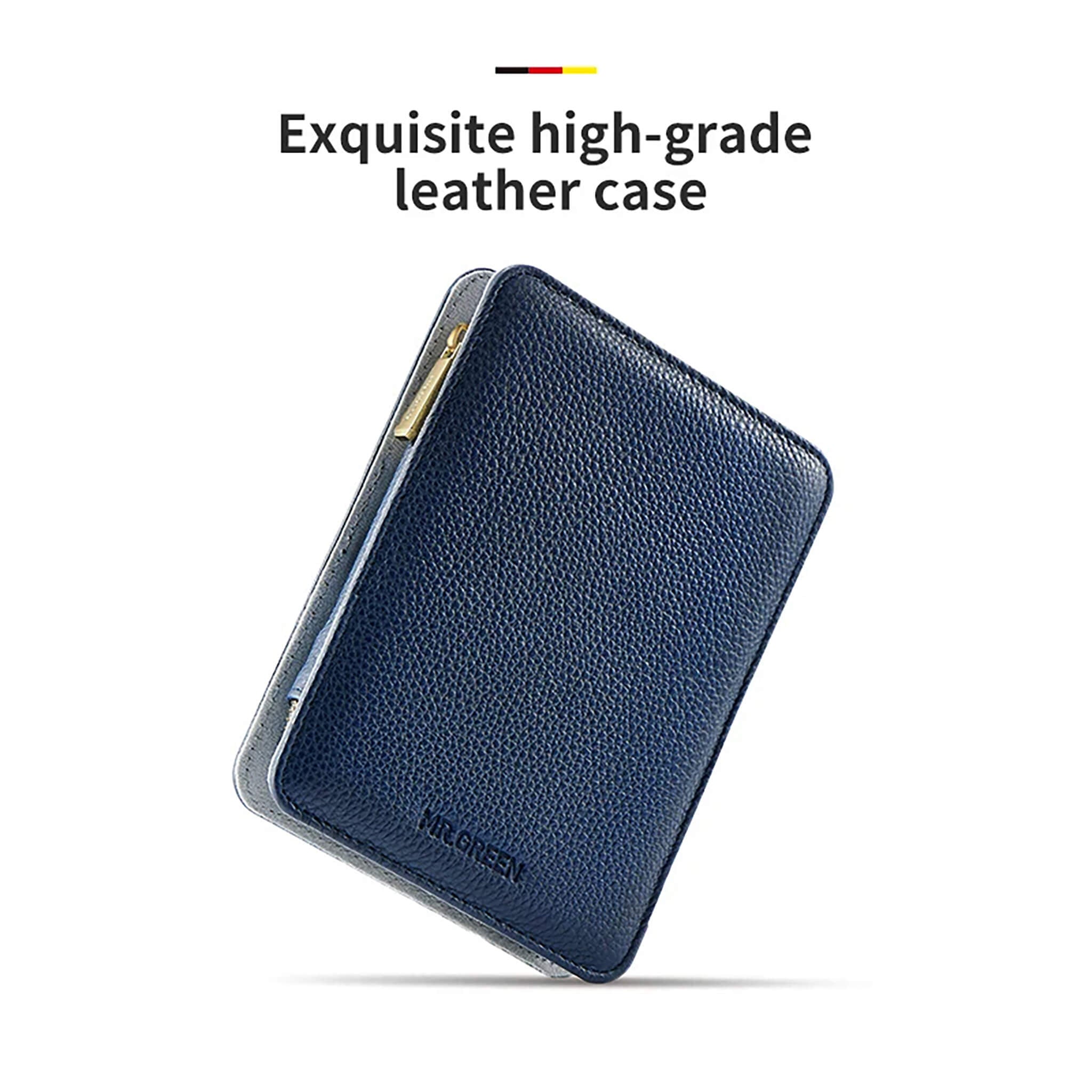 Dunkelblaues Premium-Lederetui des MR.GREEN Innate Luxury mit goldfarbenem Reißverschluss – hochwertiges Reise- und Aufbewahrungsetui.