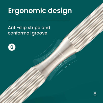 Impugnatura ergonomica MR.GREEN con striature antiscivolo e scanalatura centrale per presa sicura durante l’estrazione.