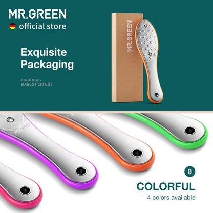 Lima piedi MR.GREEN doppia faccia con confezione premium; manici antiscivolo in 4 colori per pedicure sicura.