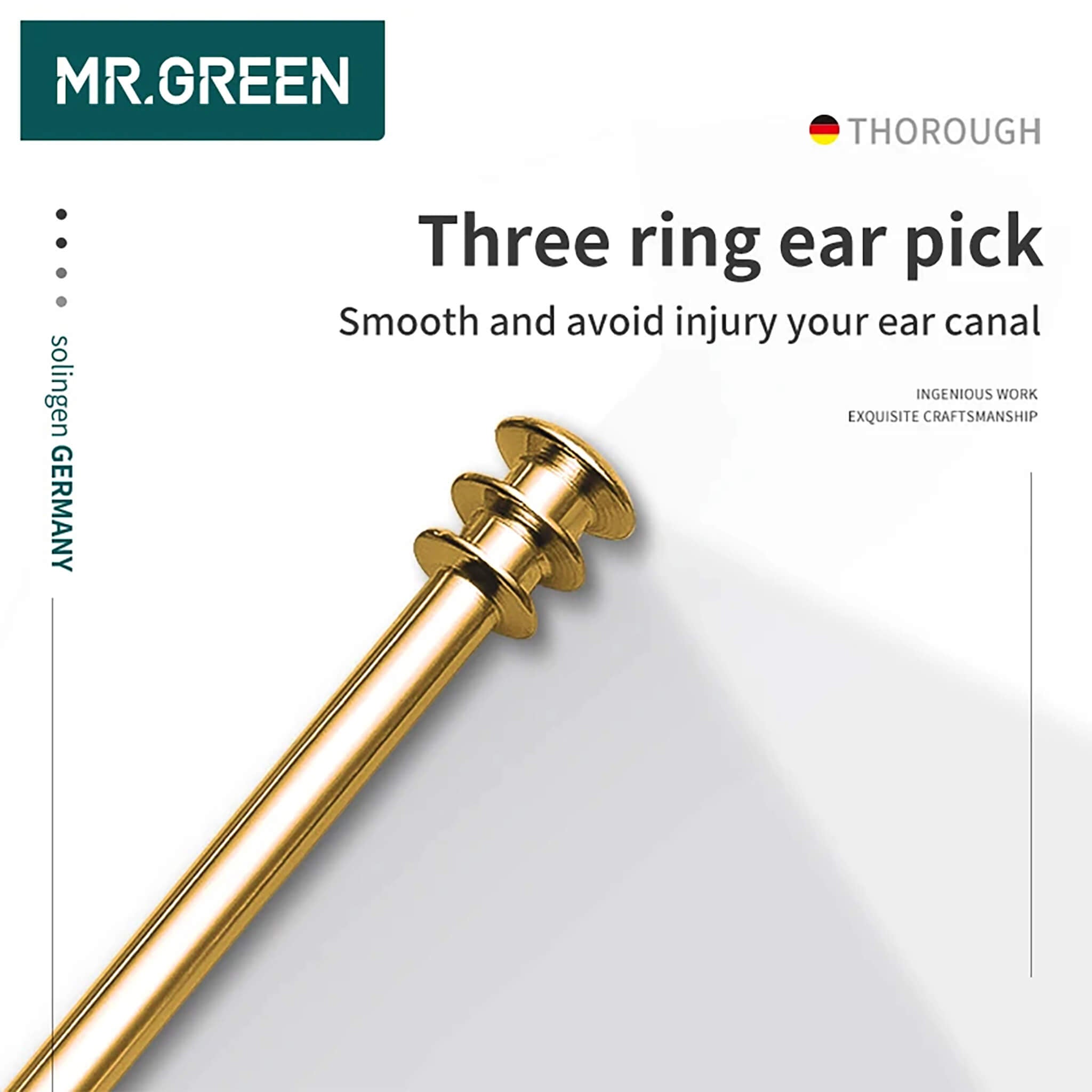 Limpiador de oídos MR.GREEN de triple anillo en acero inoxidable dorado para limpieza 360° suave y controlada; detalle macro.