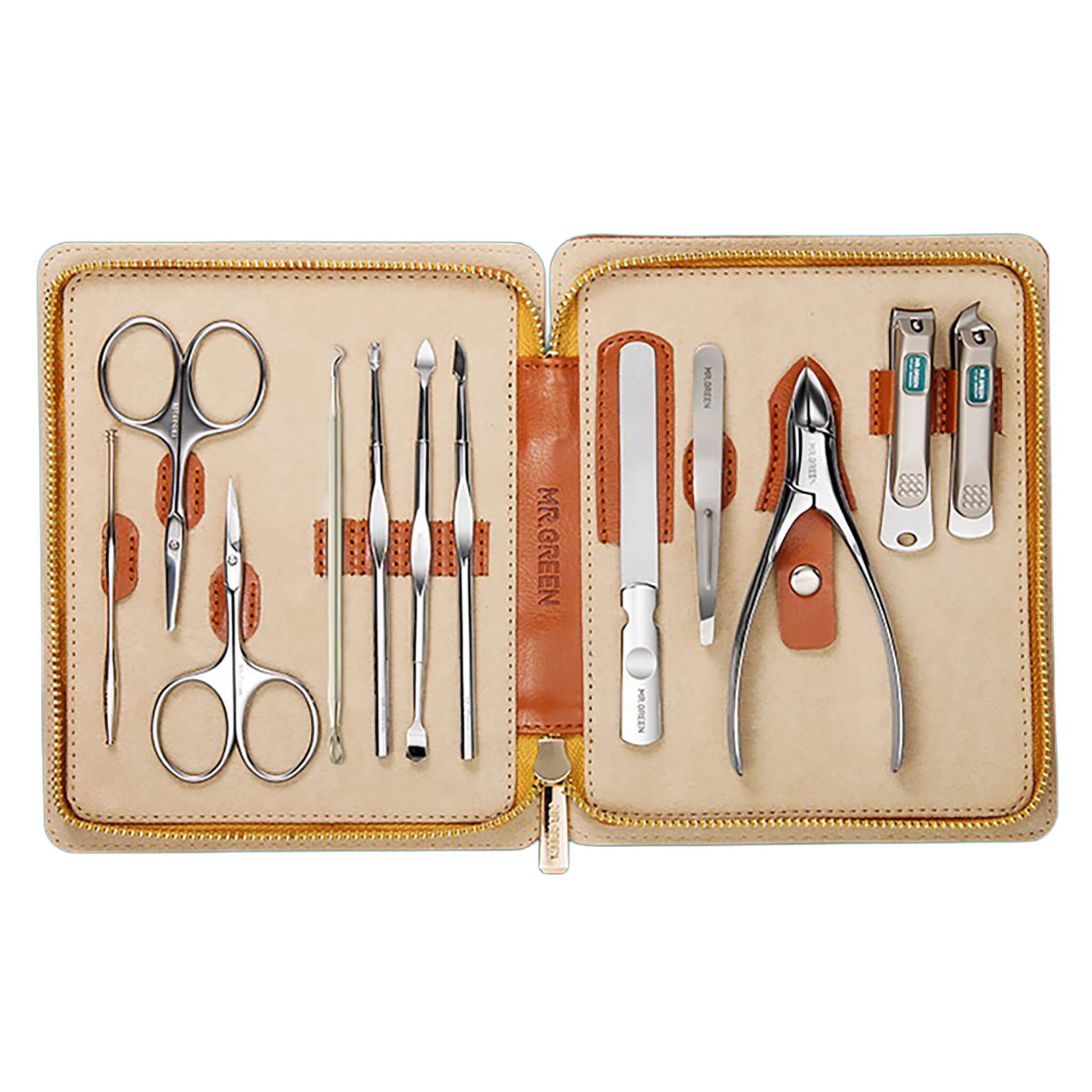 MR.GREEN MR-6012 12-in-1 manicure pedicure set — open leather case with stainless-steel tools neatly organized, main hero image.