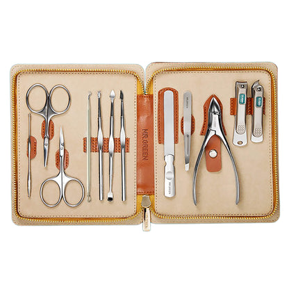 MR.GREEN MR-6012 12-in-1 manicure pedicure set — open leather case with stainless-steel tools neatly organized, main hero image.