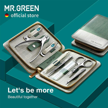 MR.GREEN 8-in-1 manicure set in green-silver zip wallet with stainless clippers, nipper, scissors, tweezers, file and pusher.