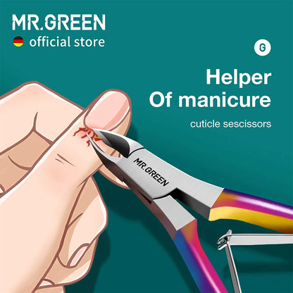 MR.GREEN colorful stainless cuticle nippers, 5mm slant blade and ergonomic spring; dead skin remover on a teal hero background.
