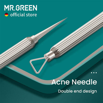 MR.GREEN double-ended stainless steel acne needle with triangular loop and fine lancet for hygienic blackhead removal.