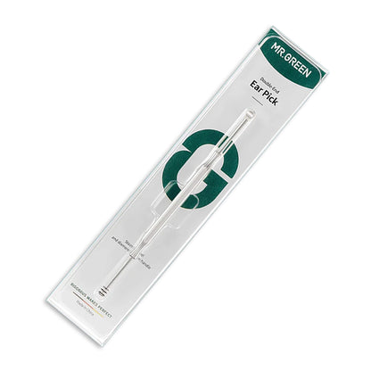 MR.GREEN double-head stainless steel ear pick in sealed blister retail pack with spiral tip and round ear spoon.