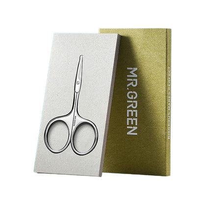 MR.GREEN facial hair scissors premium packaging gift box, branded rigid box with product illustration; clean white background.