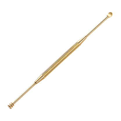 MR.GREEN golden three-ring earwax remover, double-ended with scoop and spiral tip, anti-slip diamond handle; single pack on white.