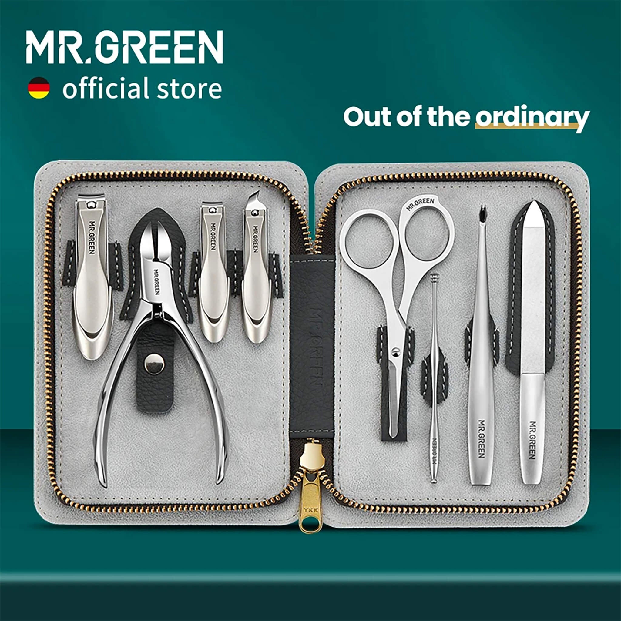 MR.GREEN Morandi Grey full-grain leather manicure set open with stainless clippers, nipper, scissors, tweezers and glass nail file.