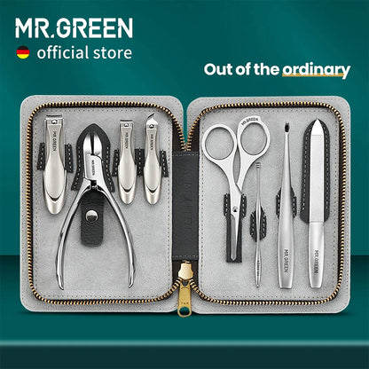 MR.GREEN Morandi Grey full-grain leather manicure set open with stainless clippers, nipper, scissors, tweezers and glass nail file.