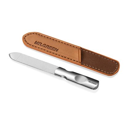 MR.GREEN MR-2104 short stainless steel double-sided nail file with PU leather sheath – compact, travel-ready manicure tool