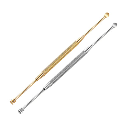 MR.GREEN MR-2157 Plus earwax remover set, gold and silvery double-ended picks with scoop and three-ring spiral; two-pack on white.