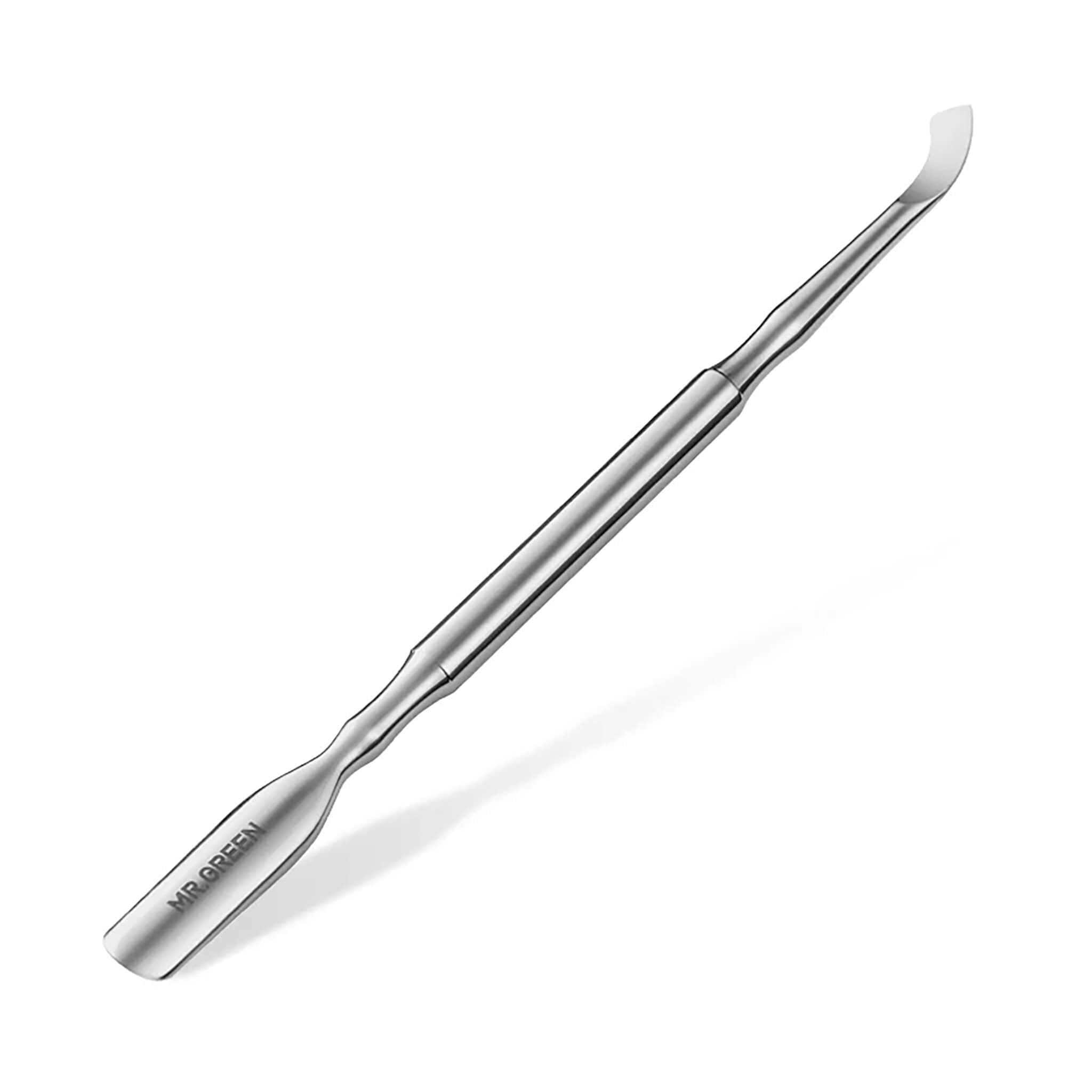 MR.GREEN MR-2167 stainless steel dual-ended cuticle pusher with curved tip & flat scraper; clean product photo on white background.