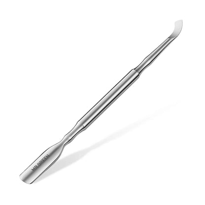 MR.GREEN MR-2167 stainless steel dual-ended cuticle pusher with curved tip & flat scraper; clean product photo on white background.