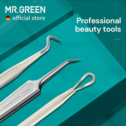 MR.GREEN MR-2177 blackhead extractor kit with loop and angled lancet in medical-grade stainless steel for hygienic pore care.