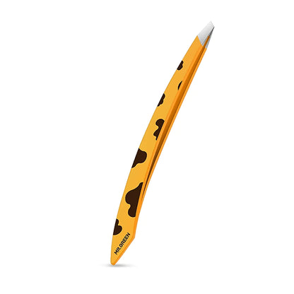 MR.GREEN MR-2193YE yellow curve-handle eyebrow tweezers with slanted stainless tips and anti-slip painted finish — main image.