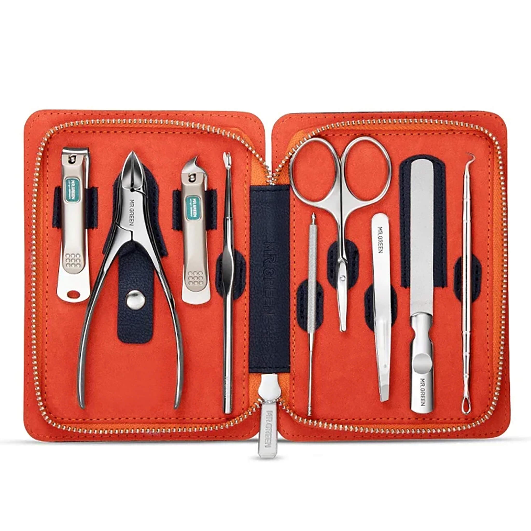 MR.GREEN MR-6019 9-in-1 professional manicure kit; open orange case with clippers, nipper, scissors, file, tweezers and cuticle tools.