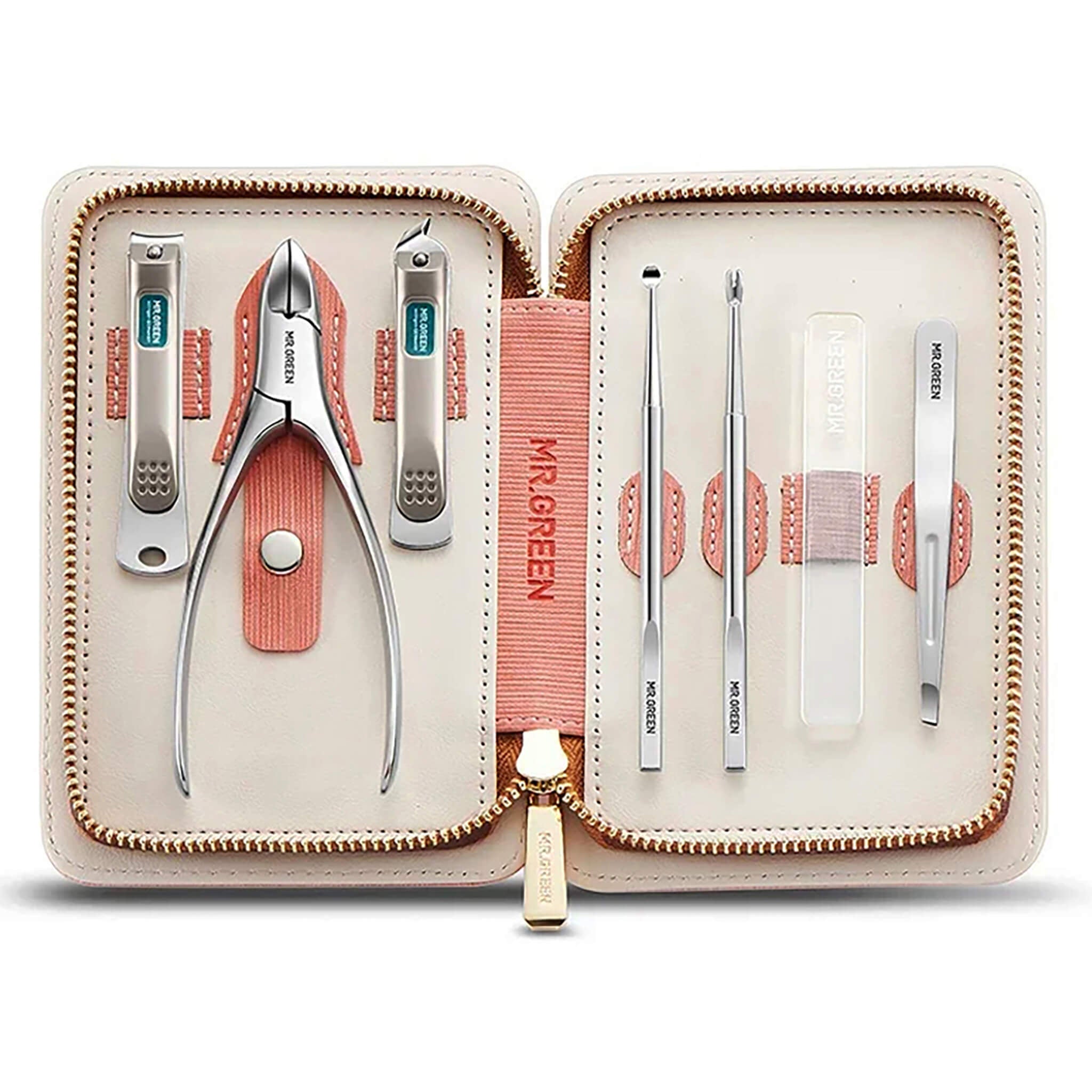 MR.GREEN MR-6020 manicure set, blush leather zip case with stainless-steel clippers, cuticle nipper, tweezers and glass nail file.