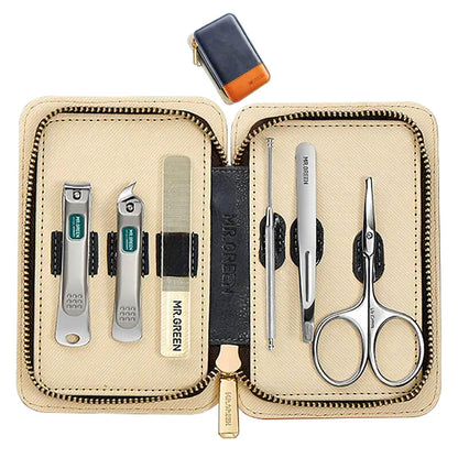 MR.GREEN MR-6023 6-piece manicure set in beige zip case with stainless-steel clippers, tweezers, scissors and nail file.