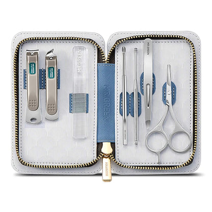 MR.GREEN MR-6061 manicure set open - zip wallet with 7 stainless steel tools, blue accents and gold zipper