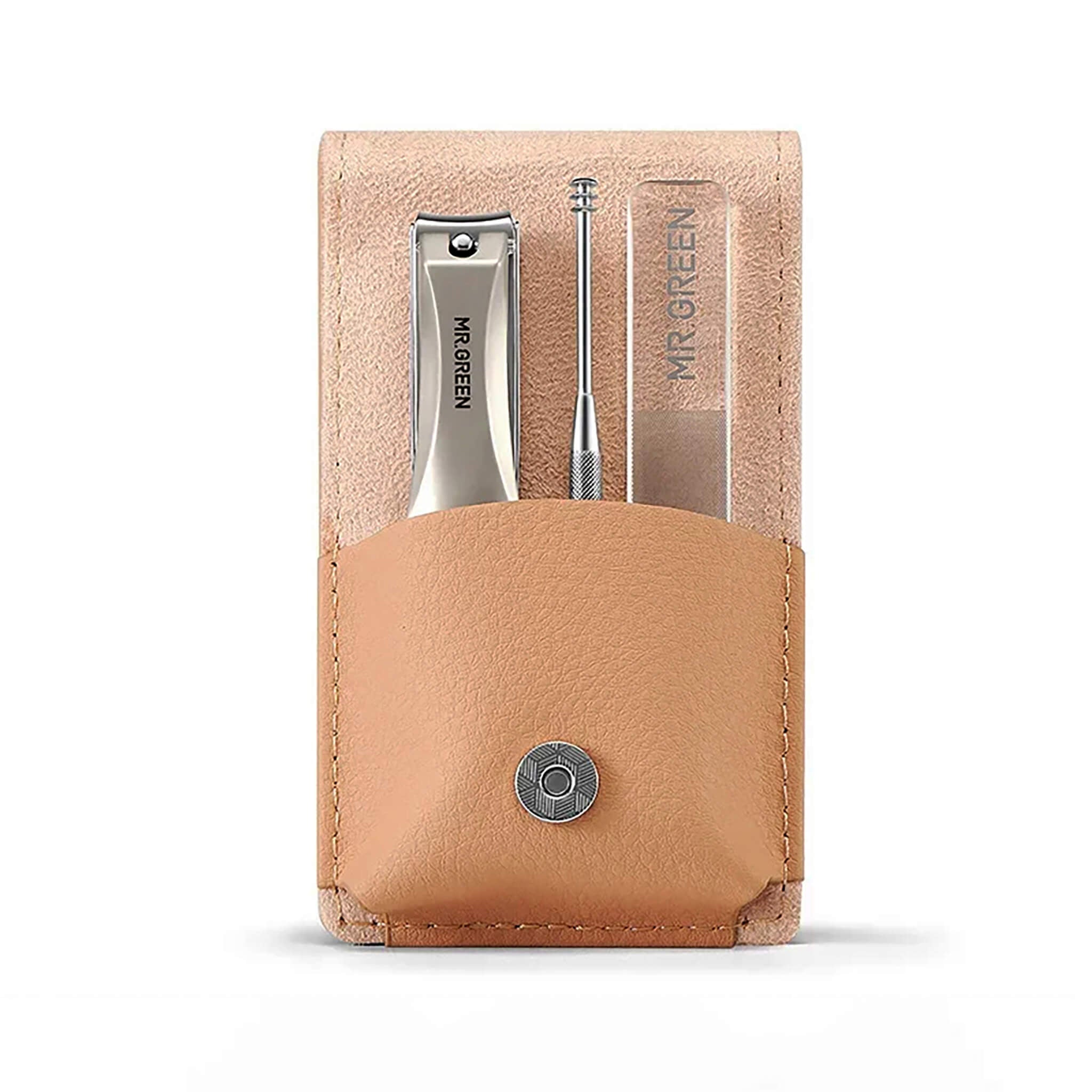 MR.GREEN MR-6301 portable manicure set—beige leather pocket case with nail clipper, glass file and nail cleaner; compact travel kit