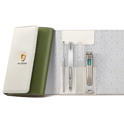MR.GREEN MR-6681 green/white wallet case with ear pick, tweezers, nano glass nail file and stainless nail clipper, compact travel kit.