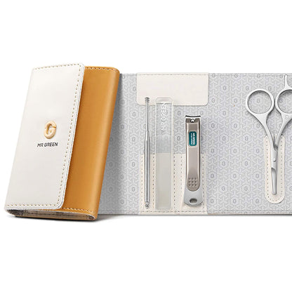 MR.GREEN MR-6682 estuche blanco/mostaza con cureta, pinza, lima de nano vidrio, cortaúñas y tijeras faciales; kit compacto de viaje.