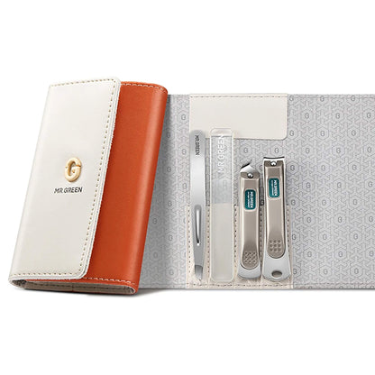 MR.GREEN MR-6683 estojo branco/laranja com pinça, lima de nano vidro e dois cortadores de unhas em inox, um oblíquo e um clássico.