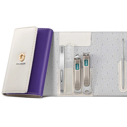 MR.GREEN MR-6684 Wallet-Etui weiß/lila mit Pinzette, Nano-Glasfeile, schrägem und klassischem Nagelknipser sowie Ohrreiniger.