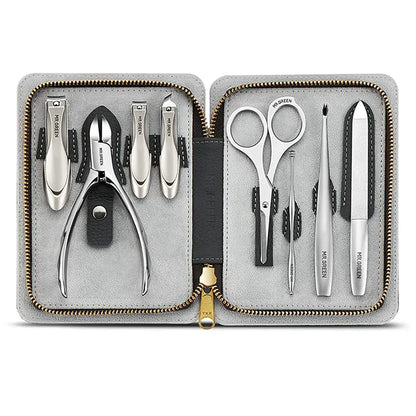 MR.GREEN MR-8018 Morandi Grey leather case open with stainless clippers, toenail nipper, tweezers, scissors, V-cut trimmer and glass file.