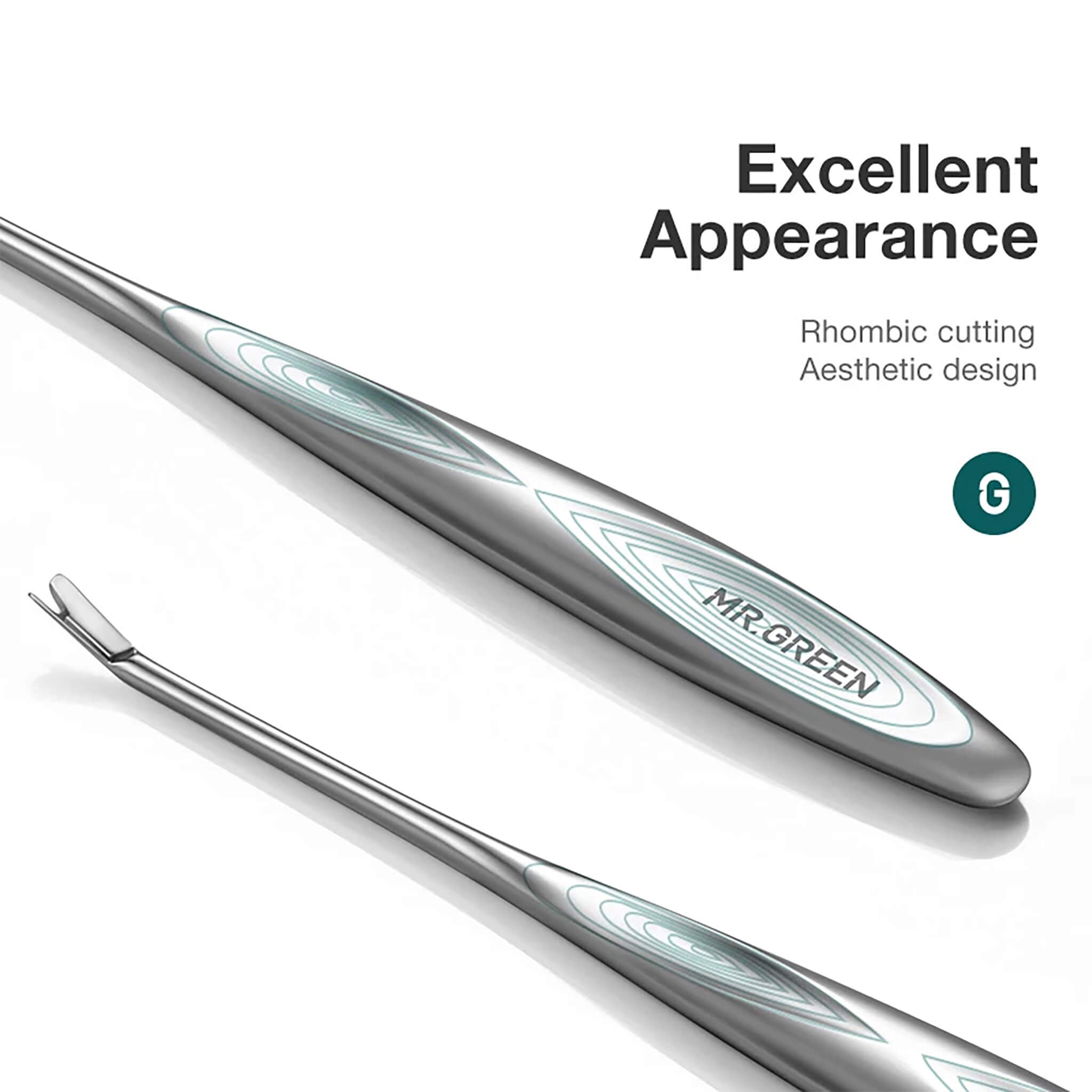 MR.GREEN Nagelhaut-Entferner einseitig aus Edelstahl, V-Spitze für präzises Arbeiten; Griff mit Rauten-Schliff für sicheren Halt.