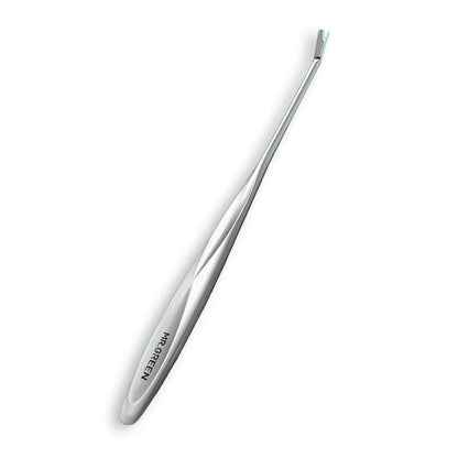 MR.GREEN single-end stainless nail dead skin remover on white background, V-shaped tip and streamlined ergonomic handle.