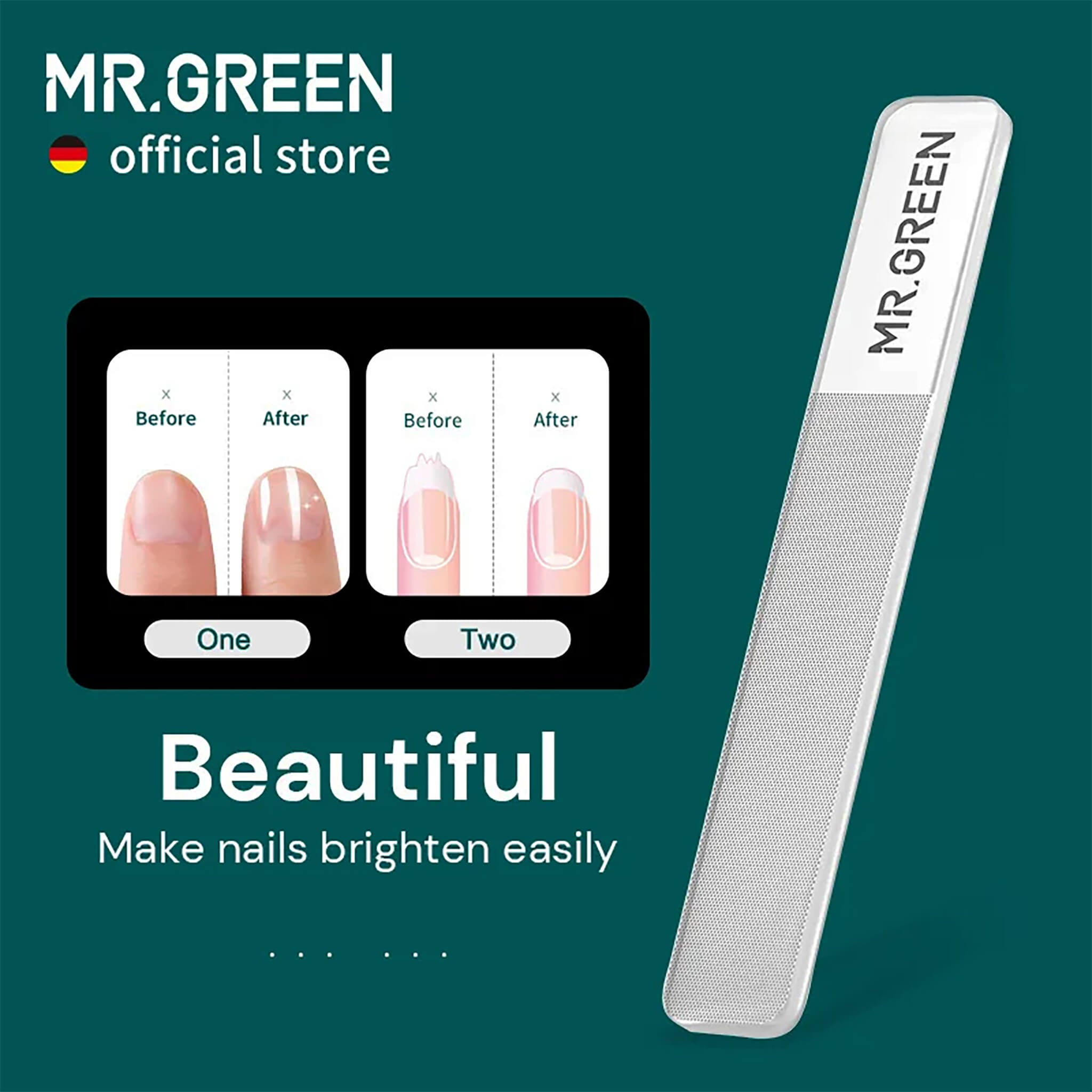 MR.GREEN nano glass nail file shows before–after shine; gentle crystal buffer for natural nails