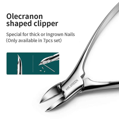 MR.GREEN Olecranon-Nagelzange aus Edelstahl für dicke oder eingewachsene Nägel, Detailaufnahme mit Funktionsgrafik.